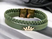 14 Ayar Altın Plakalı İsme Özel Taç Figürlü Doğal Yeşil Derili Hediye Bileklik-640 thumbnail 1