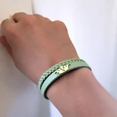 14 Ayar Altın Plakalı Harfe Özel Doğal Yeşil Derili Taç Figürlü Hediye Bileklik-640 thumbnail 2