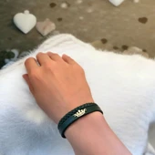 14 Ayar Altın Plakalı İsme Özel Taç Motifli Hakiki Koyu Yeşil Derili Hediye Bileklik-641 thumbnail 2