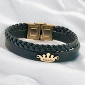 14 Ayar Altın Plakalı İsme Özel Taç Motifli Hakiki Koyu Yeşil Derili Hediye Bileklik-641 thumbnail 1