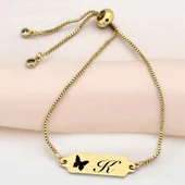 14 Ayar Altın Plakalı Harfe Özel Altın Renkli Zincirli Kelebek Motifli Hediye Bileklik-643 thumbnail 1