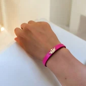 14 Ayar Altın Plakalı İsme Özel Taç Figürlü Doğal Pembe Derili Hediye Bileklik-642 thumbnail 2