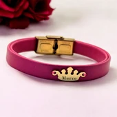 14 Ayar Altın Plakalı İsme Özel Taç Figürlü Doğal Pembe Derili Hediye Bileklik-642 thumbnail 1