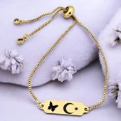 14 Ayar Altın Plakalı Sembole Özel Kelebek Motifli Altın Renkli Zincirli Hediye Bileklik-643 thumbnail 1