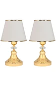 Art Deco Tarz Kristal Taş Süslü Metal Ayak ve Gold Şeritli Krem Başlık 2'li Abajur Seti İki Adet - 1