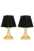 Art Deco Tarz Kristal Taş Süslü Metal Ayak ve Gold Şeritli Siyah Başlık 2'li Abajur Seti İki Adet thumbnail 1
