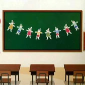 Neşeli Çocuklar El Ele Tutuşan Çocuk Flama Karton Banner Okul Süsleme - 1 Adet - 1