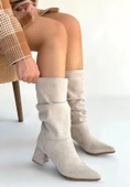 Titen Bej Süet Körüklü Topuklu Çizme - 1