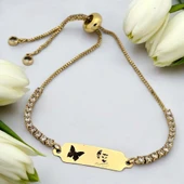 14 Ayar Altın Plakalı Sembole Özel Kelebek Figürlü Beyaz Taş Desenli Altın Renkli Zincirli Hediye Bileklik-644 thumbnail 1