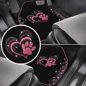 Kadınlara Özel Nakış İşlemeli Taşlı Kalp ve Köpek Pati Desenli Oto Paspas Seti - Şık ve Dayanıklı thumbnail 1