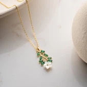 Vaoov 925 Ayar Gümüş Sedef Çiçekli Yeşil Taşlı Kolye thumbnail 4