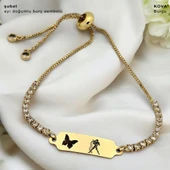 14 Ayar Altın Plakalı Burca Özel Altın Renkli Zincirli Kelebek Figürlü Beyaz Taş Desenli Hediye Bileklik-644 thumbnail 1