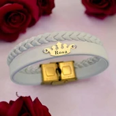 14 Ayar Altın Plakalı İsme Özel Taç Motifli Doğal Beyaz Derili Hediye Bileklik-645 thumbnail 1