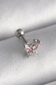 pilelistore 316L Çelik Gümüş Renk Pembe Zirkon Taşlı Kelebek Tragus Piercing - TJ-PR1241 - 1