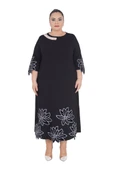 Kadın Büyük Beden Yarım Kollu Siyah Şık Çiçek Nakışlı Uzun Elbise thumbnail 1