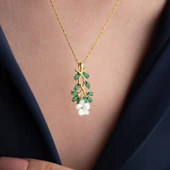 Vaoov 925 Ayar Gümüş Sedef Çiçekli Yeşil Taşlı Kolye thumbnail 2