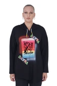Kadın Büyük Beden Siyah Kapüşonlu Sloganlı Sweatshirt thumbnail 1