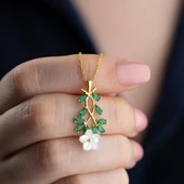 Vaoov 925 Ayar Gümüş Sedef Çiçekli Yeşil Taşlı Kolye thumbnail 3