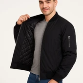 Erkek Içi Astarlı Fermuarlı Bomber Mont Ceket - Siyah - 4