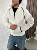 Erkek Oversize Dik Yaka Fermuarlı Sweatshirt - Zincir Nakışli Kanguru Cepli - Beyaz thumbnail 1