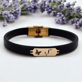 14 Ayar Altın Plakalı Harfe Özel Kelebek Figürlü Doğal Siyah Derili Hediye Bileklik-646 thumbnail 1