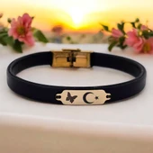 14 Ayar Altın Plakalı Sembole Özel Doğal Siyah Derili Kelebek Figürlü Hediye Bileklik-646 thumbnail 1