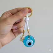 Cam Nazar Boncuklu Lotus Çiçekli Beyaz İpli Anahtarlık - 2