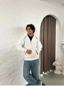 Erkek Oversize Dik Yaka Fermuarlı Sweatshirt - Zincir Nakışli Kanguru Cepli - Beyaz thumbnail 3
