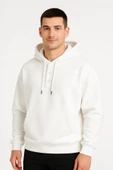Erkek Ovarsize Kapüşonlu Swetshirt Kanguru Çepli Cıtcıtlı 3 Iplik Şardonlu Hoodie - Beyaz - 2