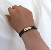 14 Ayar Altın Plakalı Harfe Özel Kelebek Figürlü Doğal Siyah Derili Hediye Bileklik-646 thumbnail 2