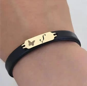 14 Ayar Altın Plakalı Harfe Özel Kelebek Figürlü Doğal Siyah Derili Hediye Bileklik-646 thumbnail 3