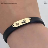 14 Ayar Altın Plakalı Burca Özel Kelebek Figürlü Doğal Siyah Derili Hediye Bileklik-646 thumbnail 3