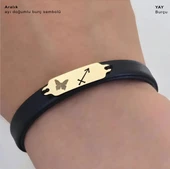 14 Ayar Altın Plakalı Doğum Ayına Özel Doğal Siyah Derili Kelebek Figürlü Hediye Bileklik-646 thumbnail 3