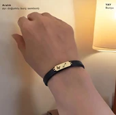 14 Ayar Altın Plakalı Doğum Ayına Özel Doğal Siyah Derili Kelebek Figürlü Hediye Bileklik-646 thumbnail 2