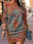 Kadın Uzun Kollu Yuvarlak Yaka Desenli Mini Modal Elbise - 3