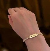 14 Ayar Altın Plakalı İsme Özel Hasır Kordonlu Kelebek Motifli Hediye Bileklik-647 thumbnail 2