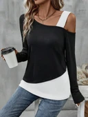 Kadın Tek Omuzu Açık Askılı çift Renkli Uzun Kollu Viskon Bluz - 1