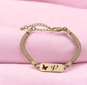14 Ayar Altın Plakalı Harfe Özel Kelebek Motifli Hasır Kordonlu Hediye Bileklik-647 thumbnail 1