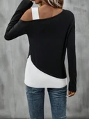 Kadın Tek Omuzu Açık Askılı çift Renkli Uzun Kollu Viskon Bluz - 3