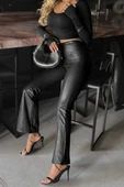 Kadın Yüksek Bel Paçaya Doğru Geniş Deri Pantolon - 2