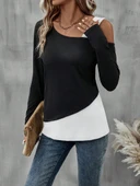 Kadın Tek Omuzu Açık Askılı çift Renkli Uzun Kollu Viskon Bluz - 2