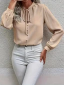 Kadın Uzun Kollu Yakalı Yakadan Bağcıklı Düğmeli Sandy Bluz - 4