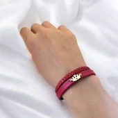 14 Ayar Altın Plakalı Harfe Özel Taç Figürlü Doğal Bordo Derili Hediye Bileklik-648 thumbnail 2