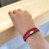 14 Ayar Altın Plakalı İsme Özel Doğal Bordo Derili Taç Figürlü Hediye Bileklik-648 thumbnail 2