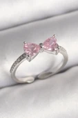 pilelistore Pirinç Gümüş Renk Pembe Zirkon Taşlı Kalp Fiyonk Model Kadın Yüzük - TJ-BYK3643 - 1
