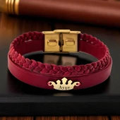 14 Ayar Altın Plakalı İsme Özel Doğal Bordo Derili Taç Figürlü Hediye Bileklik-648 thumbnail 1