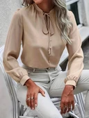 Kadın Uzun Kollu Yakalı Yakadan Bağcıklı Düğmeli Sandy Bluz - 2