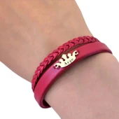 14 Ayar Altın Plakalı İsme Özel Doğal Bordo Derili Taç Figürlü Hediye Bileklik-648 thumbnail 3