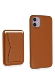 iPhone 11 Kılıf HD Deri Luxury Magnet Kartvizitli Kapak - Kahverengi thumbnail 2