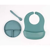 Yeşil 3’lü Silikon Yemek Seti – Önlük + Diş Kaşıyıcılı Kaşık + Vakumlu Tabak thumbnail 1